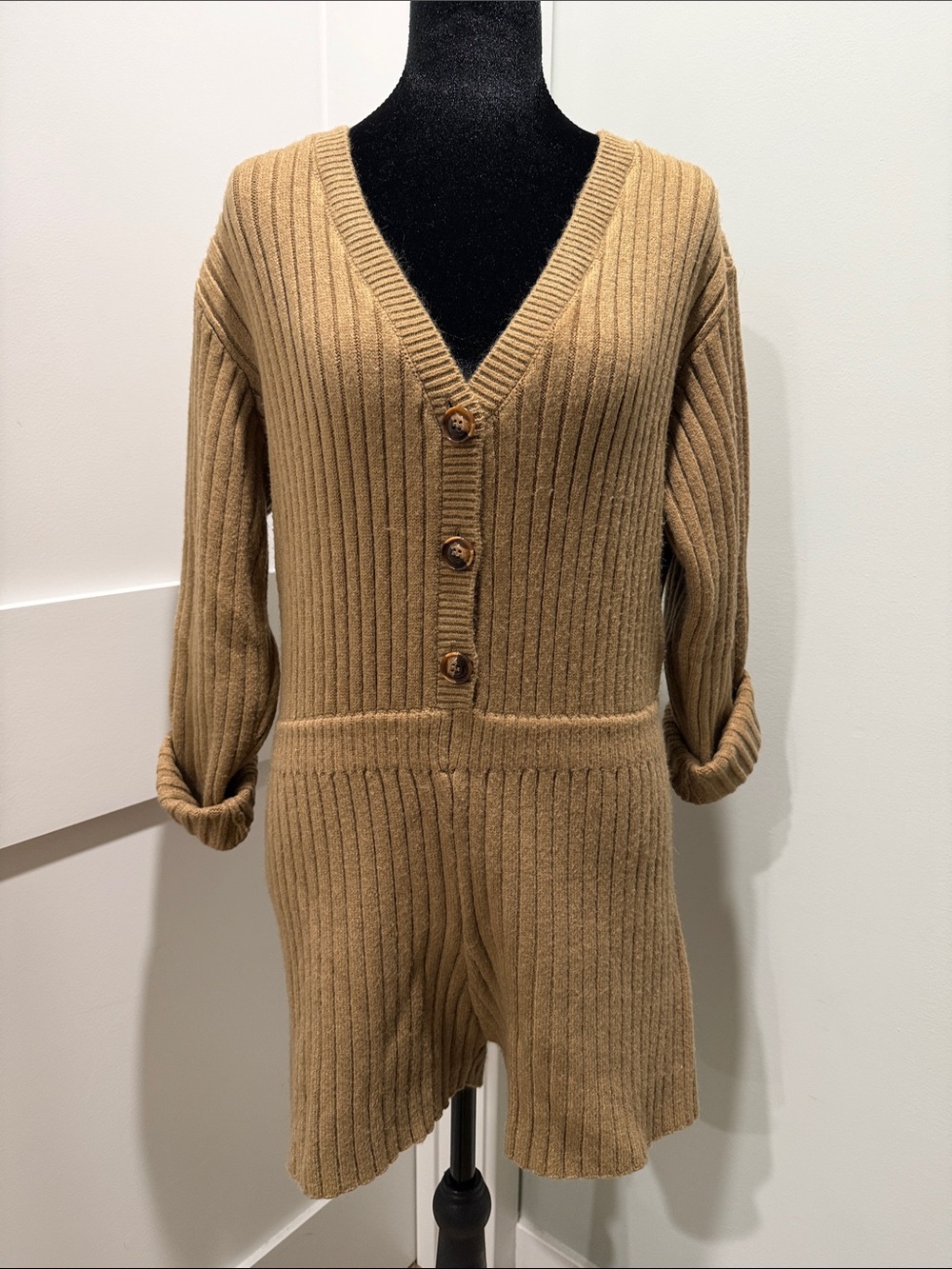 Zara Ribbed Knit Romper Sweater - Camel Medium